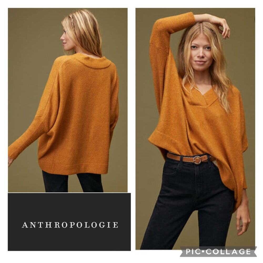 ANTHROPOLOGIE oversized V neck sweater in gold size XS